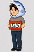 穿鯊魚帽、手持 LEGO 牌的圖卡庫人物