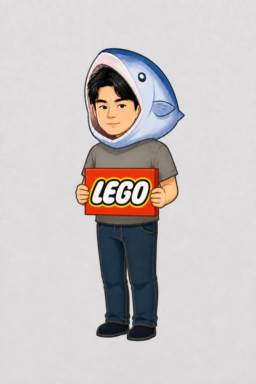 穿鯊魚帽、手持 LEGO 牌的圖卡庫人物